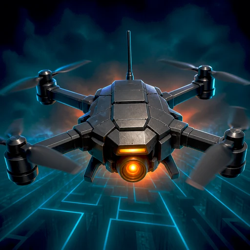 A dark Custodian attack drone with a glowing amber sensor.