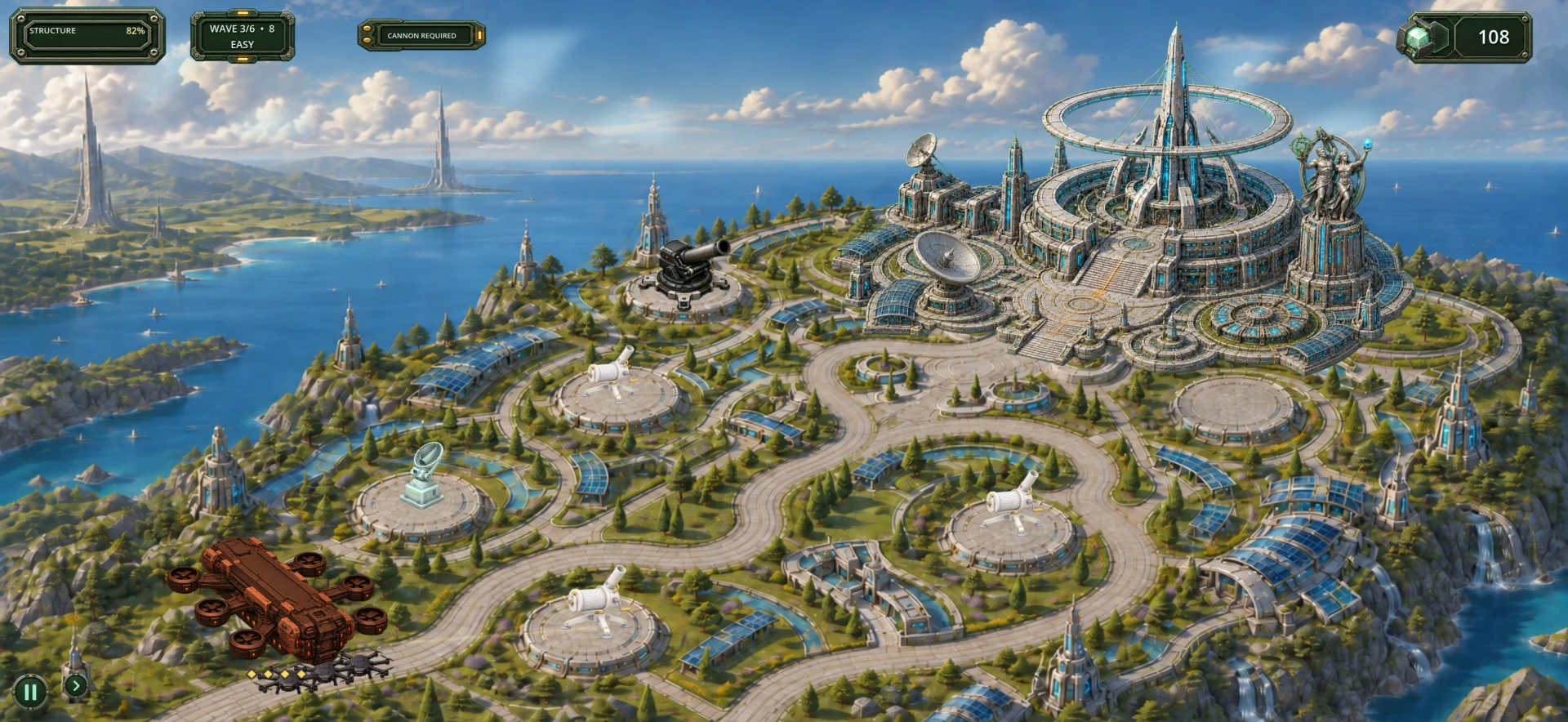 Orbital Control's colossal tower and elevated defense terraces.